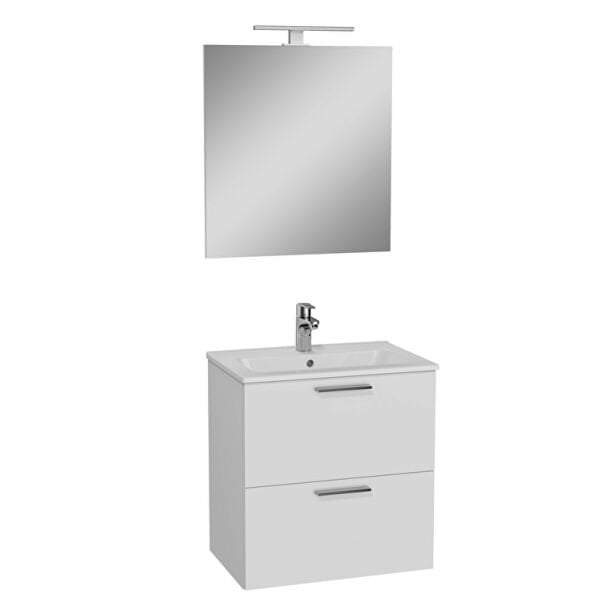 VitrA Mia Banyo Dolabı Seti 60 cm, iki çekmeceli lavabo dolabı, aydınlatmalı düz ayna, parlak beyaz